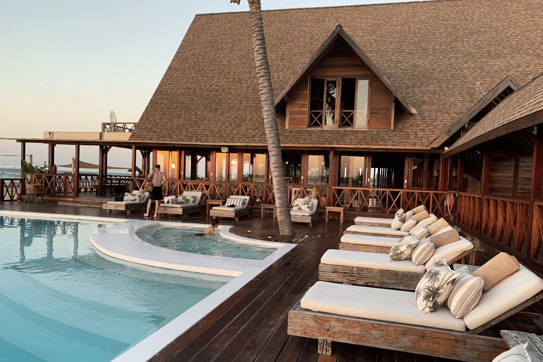 Hotel pool and architecture at dusk